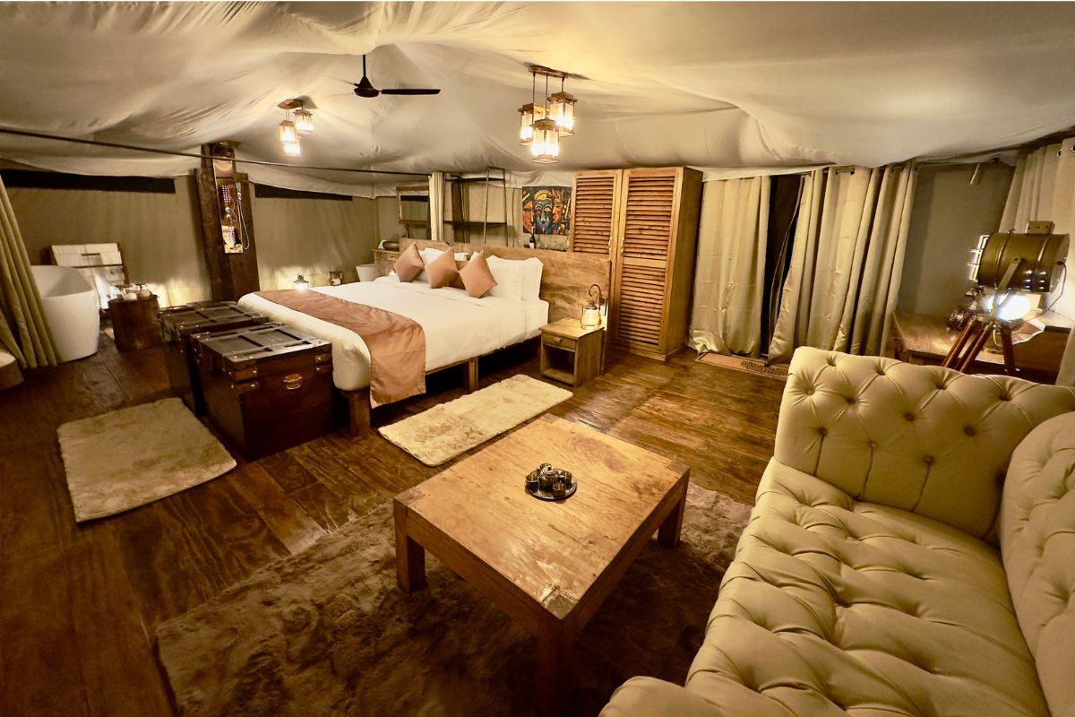 Interior of a luxury safari tent at Ilora Retreats camp in the Masai Mara