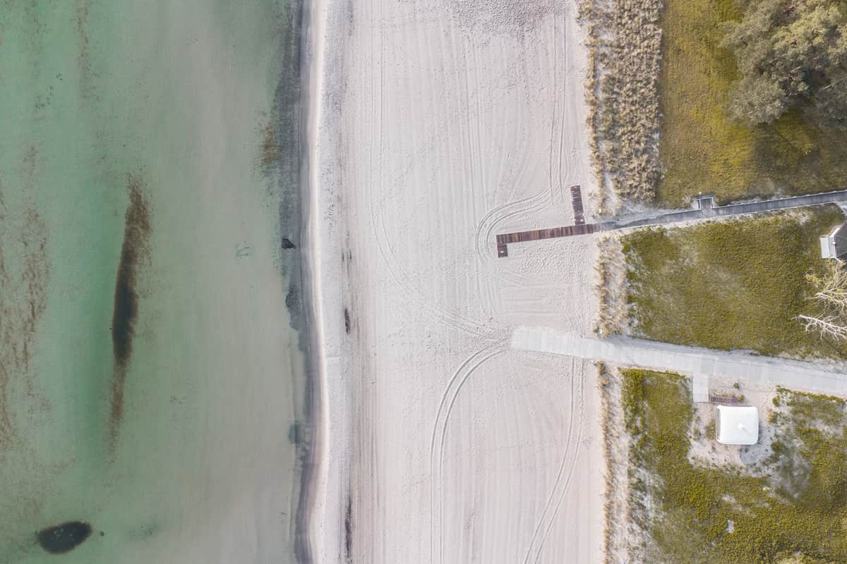 Aerial view of sandy beach and Baltic Sea near Grand Hotel Binz on Rügen