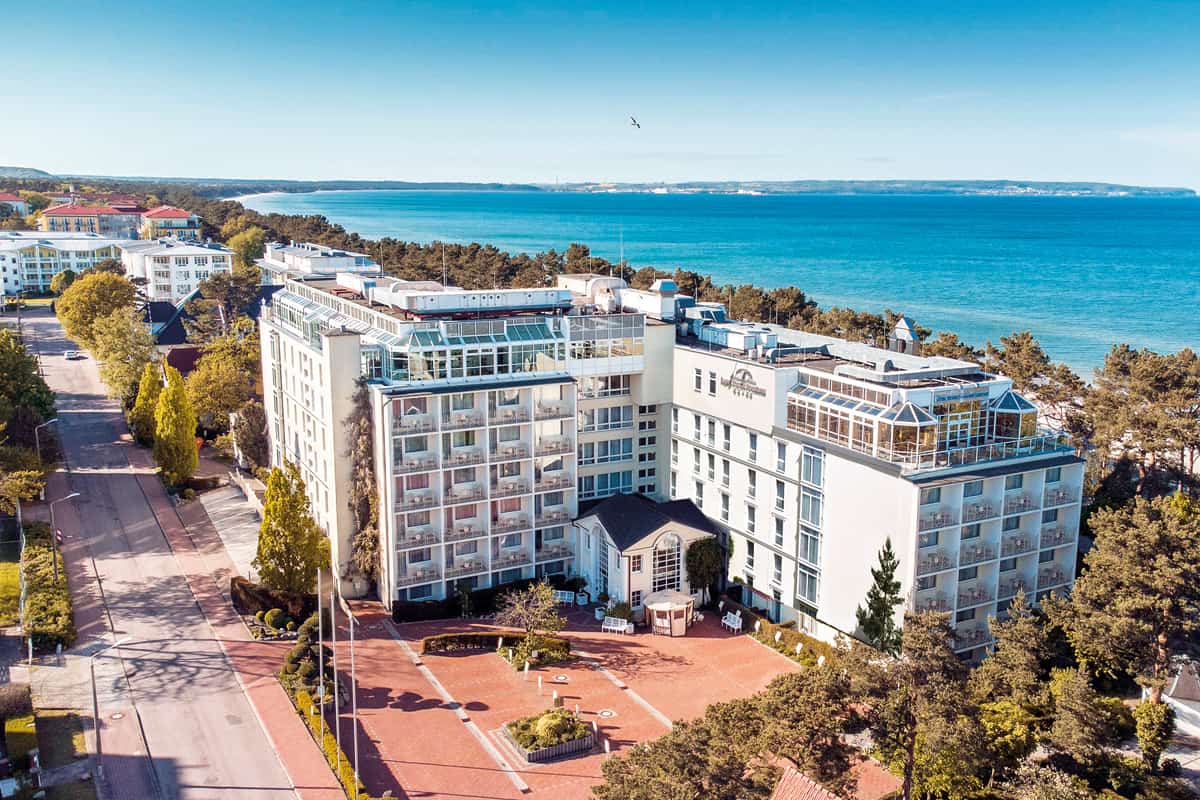 Rugard Thermal Strandhotel Binz on Rügen seen from above with Baltic Sea behind