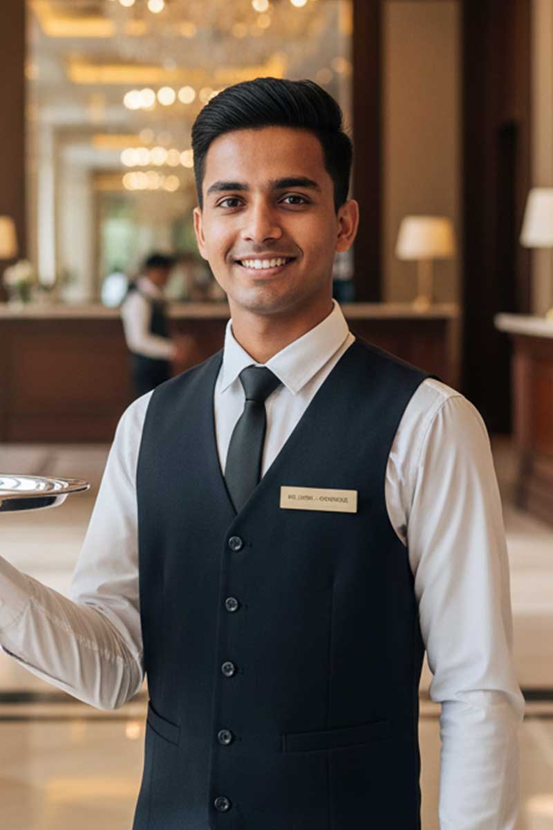 Hotel service trainee holding tray – hospitality apprenticeship at Private Palace Hotels